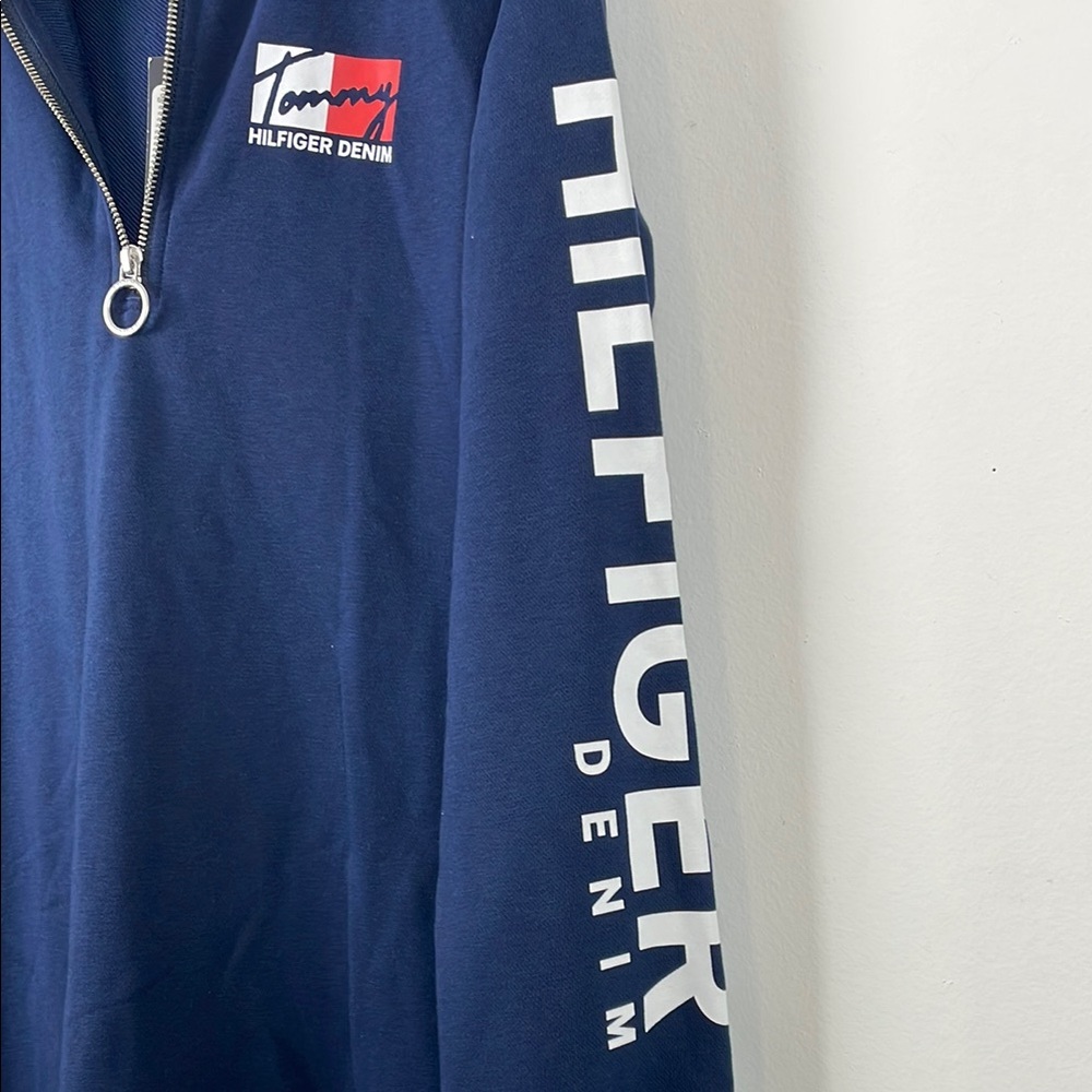 Tommy Hilfiger Denim Long Sleeve 1/2 Zip Pullover Blue Hooded Sweatshirt Dress - Picture 4 of 9